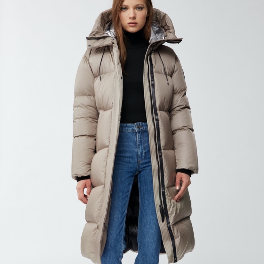 MACKAGE Eliane M Champagne || foil shield maxi down coat with pillow collar ||